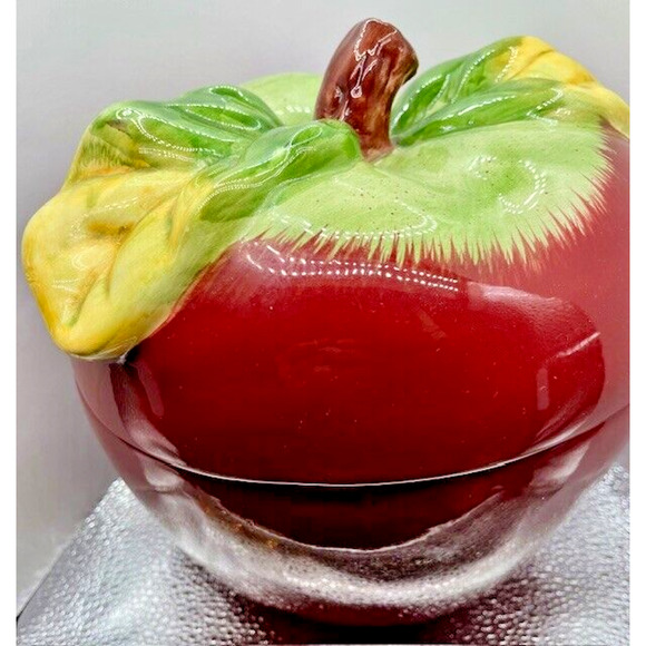 Vintage Ceramic Red Apple Cookie Jar With Lid 8" x 6.5" - Picture 4 of 13